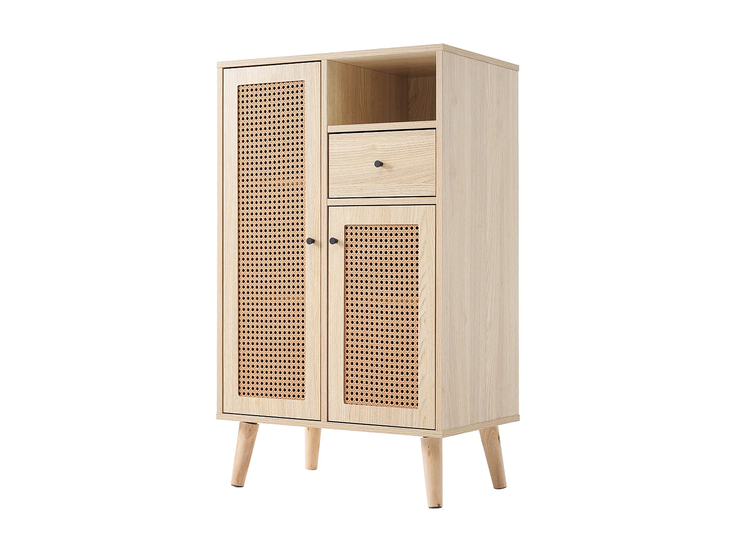 Hoog dressoir met 2 deuren en 1 lade - Rotan effect - Spaanplaat - Natuurlijke kleur - 60 x 40 x 101cm
