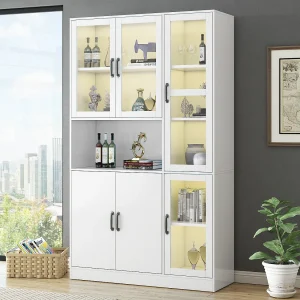 Hoge dressoirvitrine 6 deuren en 1 vak – LED's – MDF hout – Wit – 120 x 40 x 200 cm Hoge dressoirvitrine 6 deuren en 1 vak – LED's – MDF hout – Wit – 120 x 40 x 200 cm