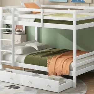Houten stapelbed met lades en ladder – 140x200cm – Wit Houten stapelbed met lades en ladder – 140x200cm – Wit