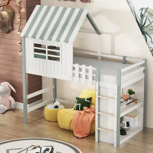 Hoogslaper 90 x 200 cm – cabinebed met ladder – Opbergplank – Massief hout – Groen Hoogslaper 90 x 200 cm – cabinebed met ladder – Opbergplank – Massief hout – Groen