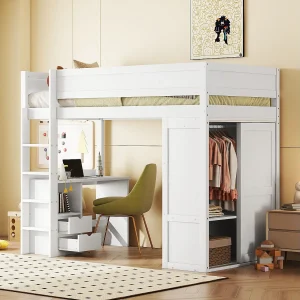 Mezzaninebed 90 x 200 cm met bureau + 2 lades – Kledingkast met schuifdeur – MDF-hout – Wit Mezzaninebed 90 x 200 cm met bureau + 2 lades – Kledingkast met schuifdeur – MDF-hout – Wit