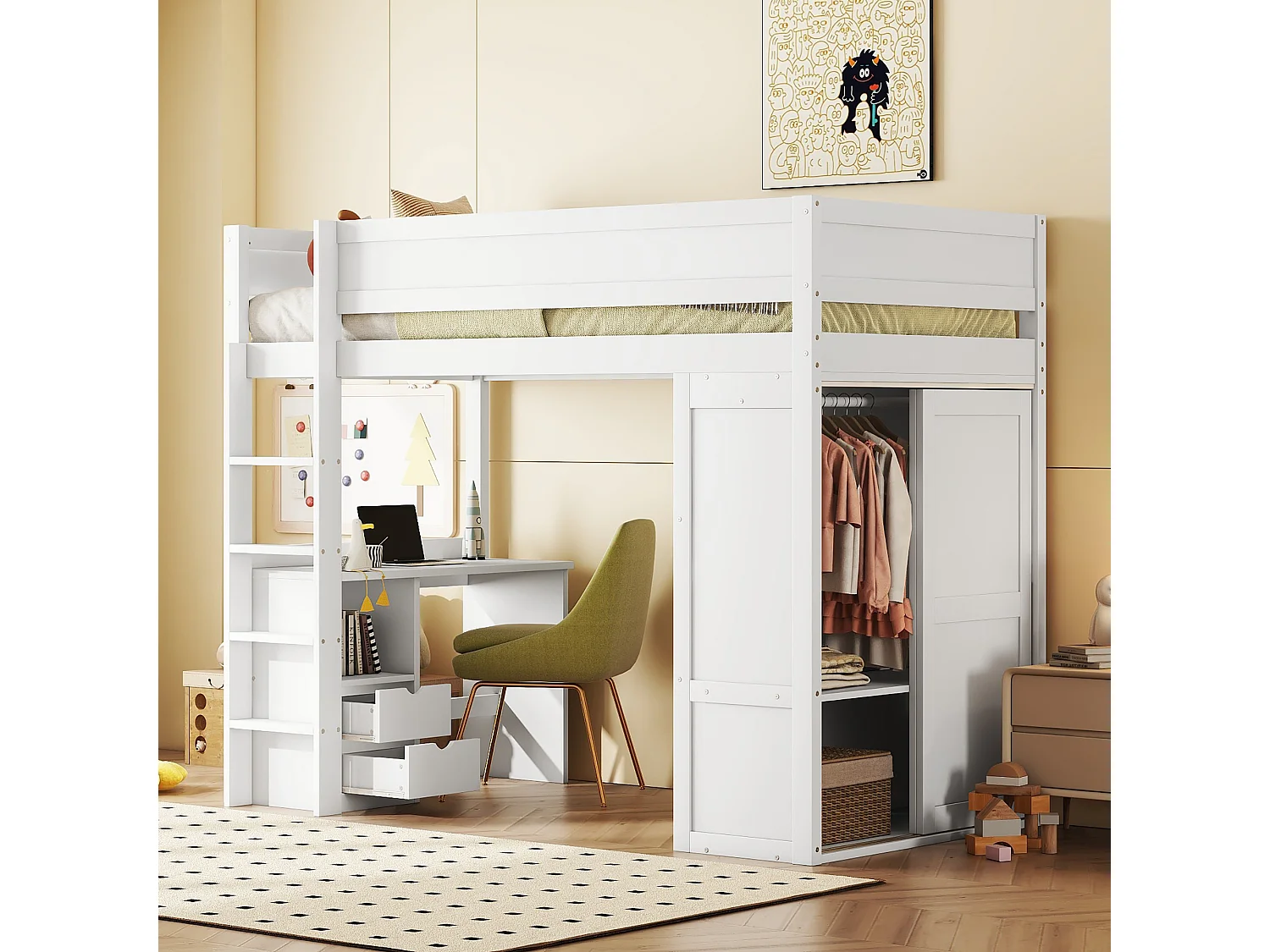 Mezzaninebed 90 x 200 cm met bureau + 2 lades - Kledingkast met schuifdeur - MDF-hout - Wit