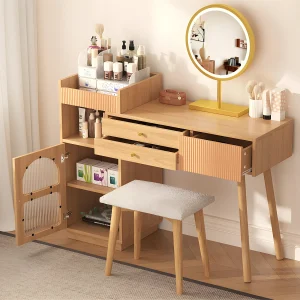 Kaptafel met spiegel en LED-verlichting – 3 lades en een zijkastje – Naturel (kruk niet inbegrepen)