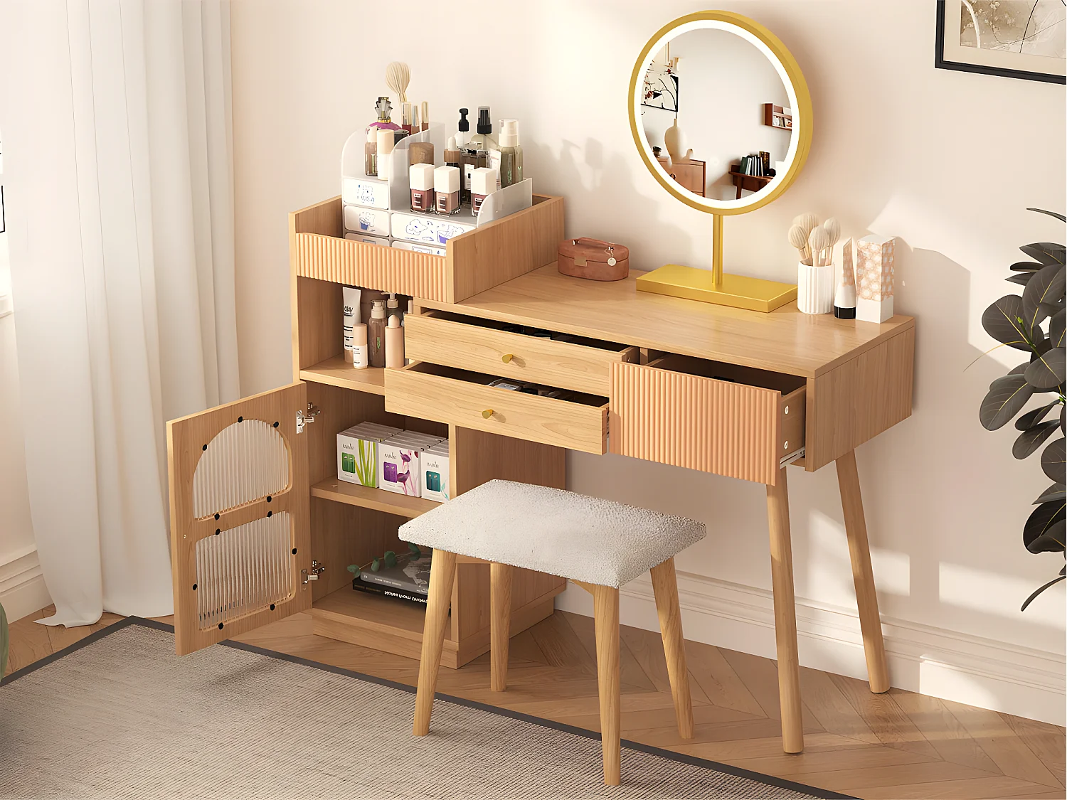 Kaptafel met spiegel en LED-verlichting - 3 lades en een zijkastje - Naturel (kruk niet inbegrepen)