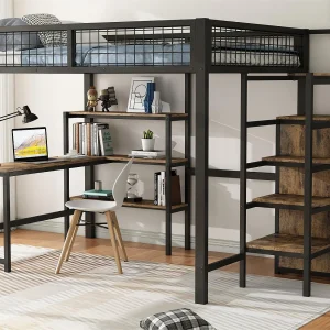 Hoogslaper 140×200 cm – ijzeren frame – met bureau en planken – Zwart Hoogslaper 140×200 cm – ijzeren frame – met bureau en planken – Zwart