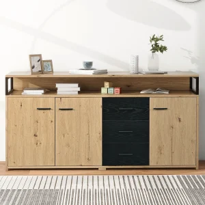 Industrieel dressoir met 3 deuren, 3 lades, open planken, metalen handgrepen – houtkleur Industrieel dressoir met 3 deuren, 3 lades, open planken, metalen handgrepen – houtkleur