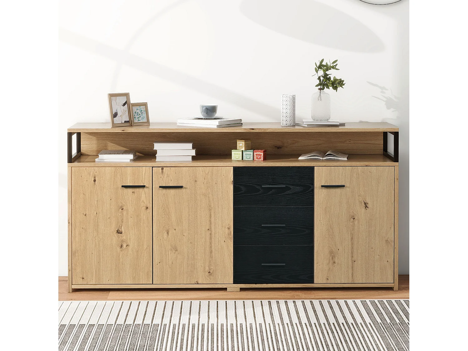 Industrieel dressoir met 3 deuren, 3 lades, open planken, metalen handgrepen - houtkleur