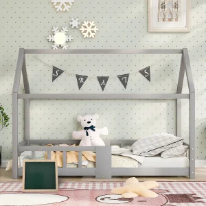 Kajuitbed 90 x 200 cm – grenen – met krijtbord en lattenbodem – grijs – zonder matras