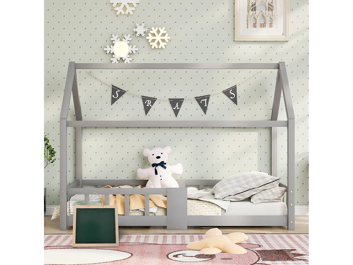 Kajuitbed 90 x 200 cm - grenen - met krijtbord en lattenbodem - grijs - zonder matras