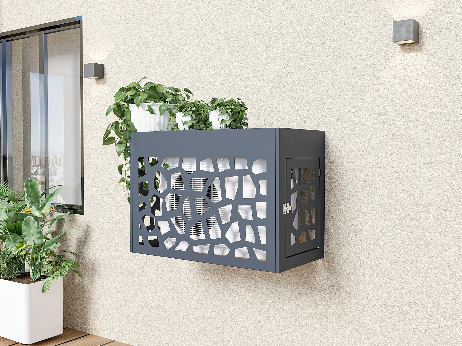 Opengewerkte kast in aluminium voor airconditioning/warmtepomp - Met deurtje - Donkergrijs - KAZOMA