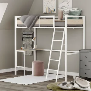 Hoogslaper met lattenbodem en bureau van metaal met witte epoxy afwerking en melamine met eikimitatie – bedmaat 90 x 190 cm – DINO Hoogslaper met lattenbodem en bureau van metaal met witte epoxy afwerking en melamine met eikimitatie – bedmaat 90 x 190 cm – DINO