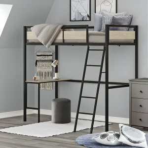 Hoogslaper met lattenbodem en bureau van metaal met zwarte epoxy afwerking en melamine met eikimitatie – bedmaat 90 x 190 cm – DINO Hoogslaper met lattenbodem en bureau van metaal met zwarte epoxy afwerking en melamine met eikimitatie – bedmaat 90 x 190 cm – DINO