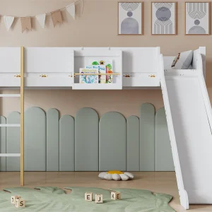 Hoogslaper 90×200 cm met afneembare planken – met ladder en glijbaan – in grenenhout en MDF – Wit
