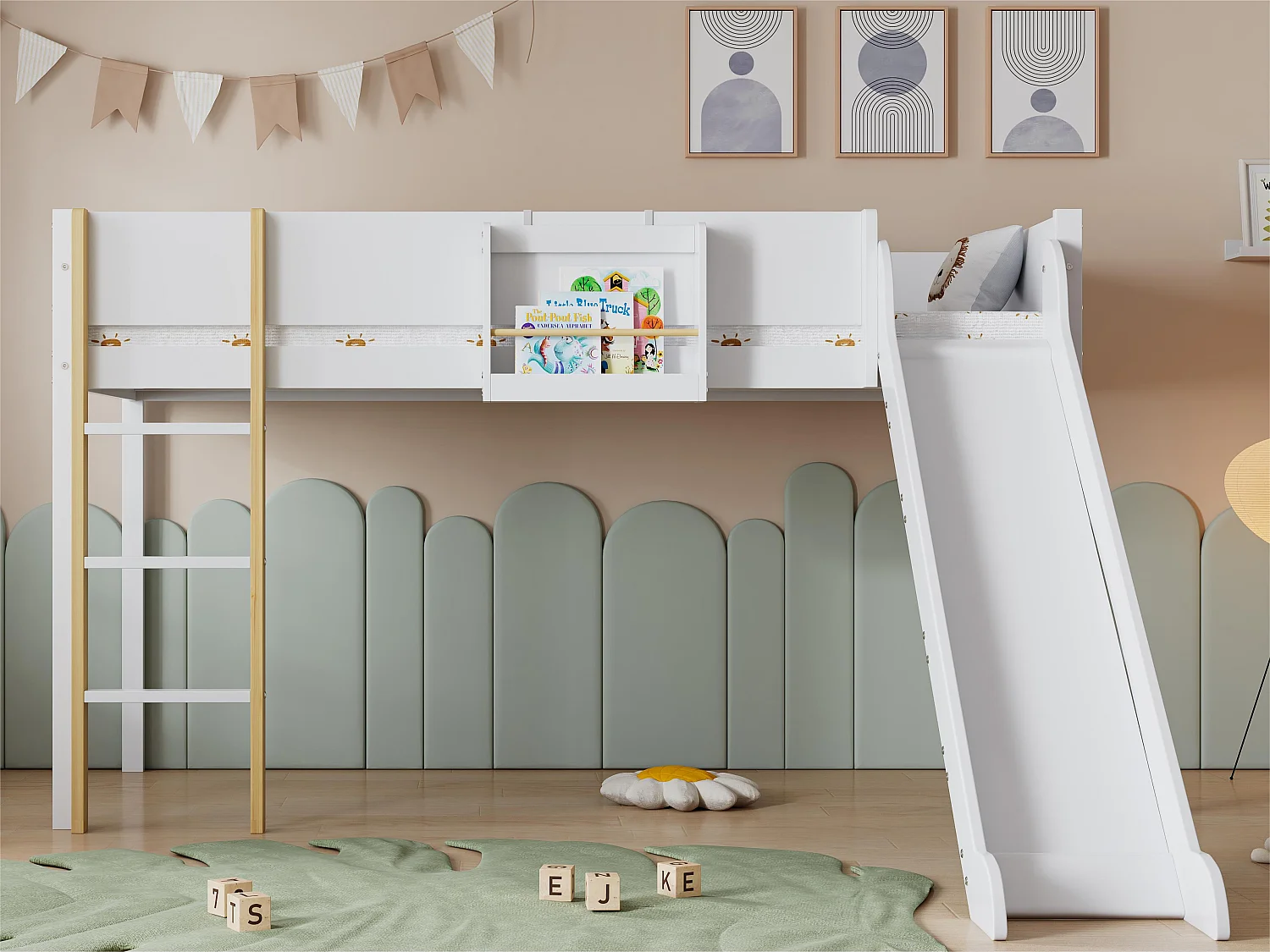 Hoogslaper 90x200 cm met afneembare planken - met ladder en glijbaan - in grenenhout en MDF - Wit