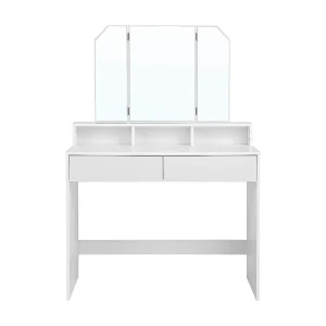 Kaptafel Wit met 3-Delige Spiegel en 2 Lades – L100 cm