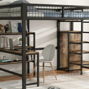 Hoogslaper 140 x 200 cm met bureau, planken en kledingkast – Metaal + MDF – Lattenbodem – zwart + bruin