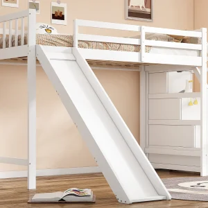 Hoogslaper 90 x 200 cm met 3 lades en glijbaan – grenenhout + MDF – lattenbodem – wit