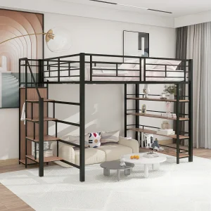 Hoogslaper 140 x 200 cm met opbergplanken en kleine kledingkast – metalen frame – zwart