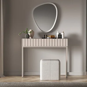 Kaptafel met lade en gecanneleerde fronten – 91 cm – lichtbeige – DERRIVA Kaptafel met lade en gecanneleerde fronten – 91 cm – lichtbeige – DERRIVA