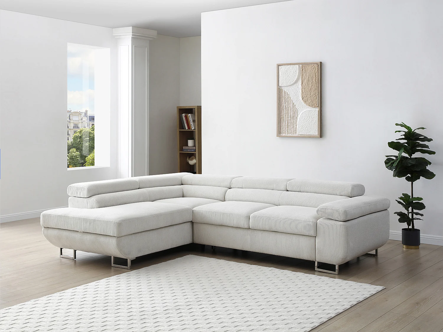 Hoekslaapbank met hoek links van beige ribfluweel NURAZIO
