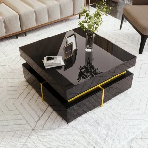 Hoogglans vierkante salontafel met 2 laden – Spaanplaat – Kleur zwart Hoogglans vierkante salontafel met 2 laden – Spaanplaat – Kleur zwart