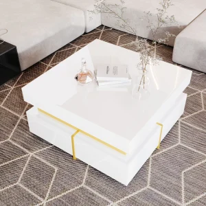 Hoogglans vierkante salontafel met 2 laden – Spaanplaat – Kleur wit Hoogglans vierkante salontafel met 2 laden – Spaanplaat – Kleur wit