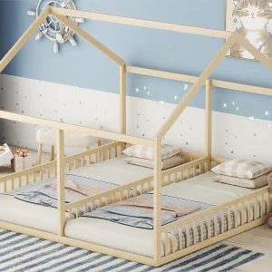 Kajuitbed van grenenhout 2x90x200cm – met dak en lattenbodem – Naturel Kajuitbed van grenenhout 2x90x200cm – met dak en lattenbodem – Naturel