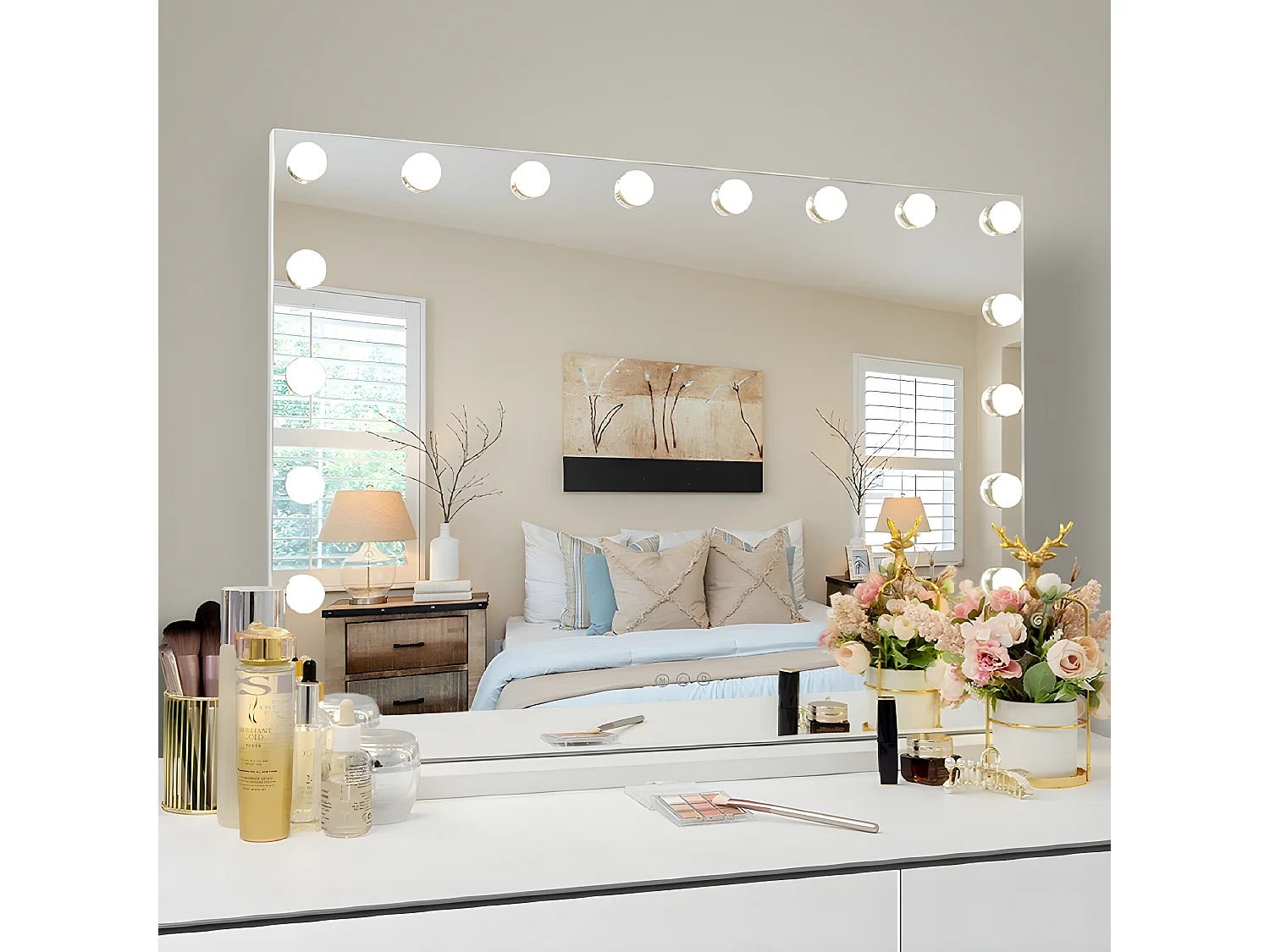 Hollywood make-up spiegel, muuraanplant met verlichting, maat 80x58cm