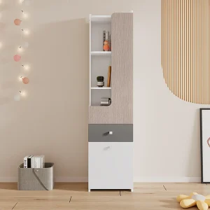 Hoog dressoir met 2 draaideuren en een lade – MDF hout – kleur wit + licht iep + grijs Hoog dressoir met 2 draaideuren en een lade – MDF hout – kleur wit + licht iep + grijs