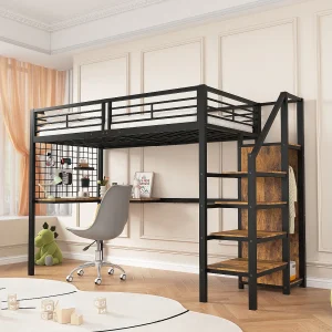 Hoogslaper 90 x 200 cm met hoekbureau en kledingkast – ijzer + spaanplaat – zwart + naturel Hoogslaper 90 x 200 cm met hoekbureau en kledingkast – ijzer + spaanplaat – zwart + naturel