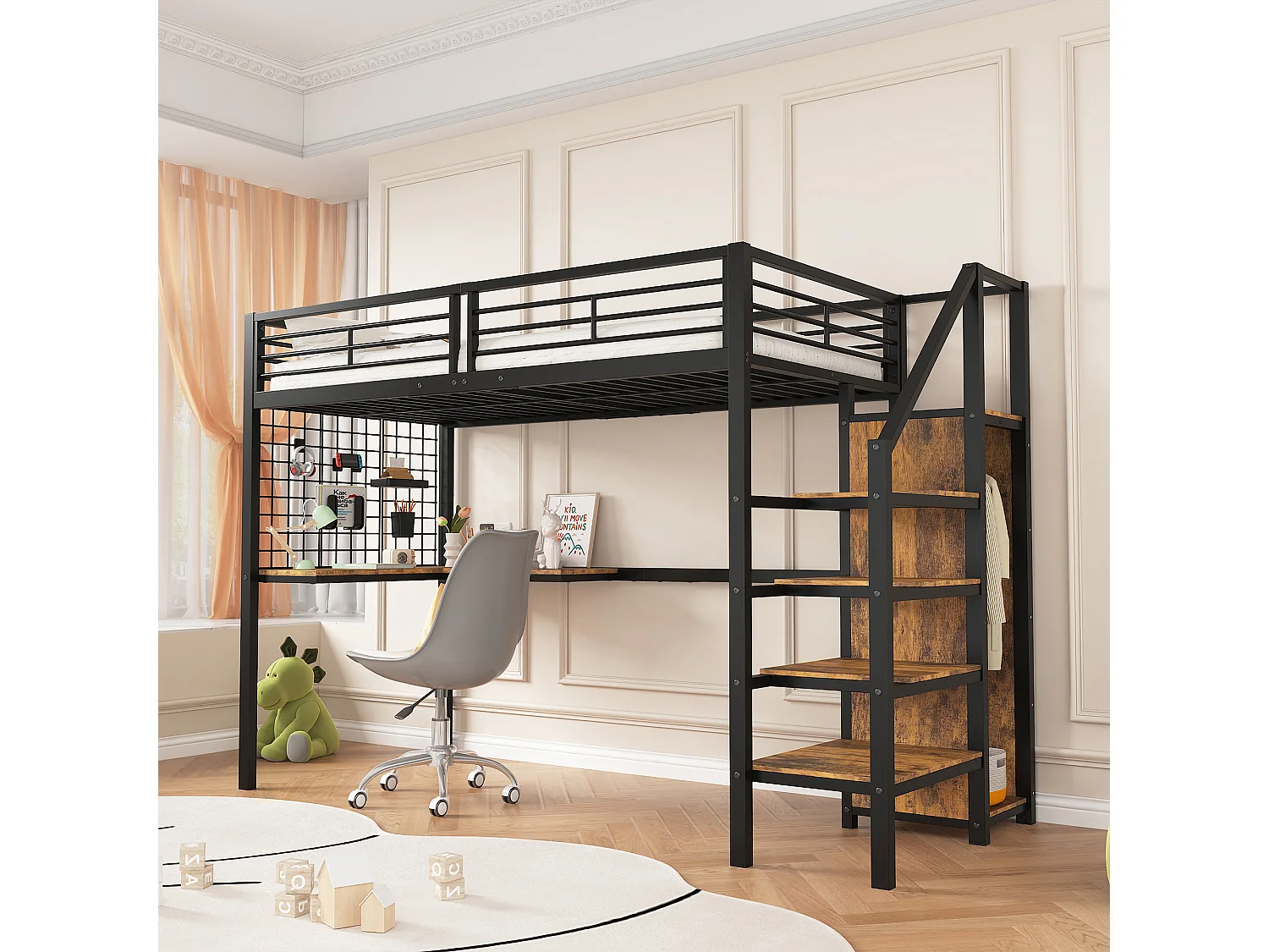 Hoogslaper 90 x 200 cm met hoekbureau en kledingkast - ijzer + spaanplaat - zwart + naturel