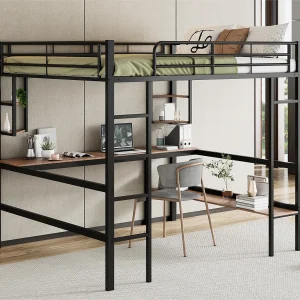 IJzeren tussenbed – 140x200cm – met bureau en 5 planken – Zwart