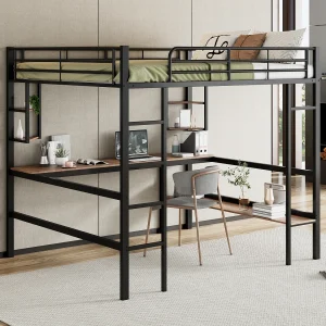 Hoogslaper 140 x 200 cm met bureau en opbergplank – metaal en MDF hout – zwart