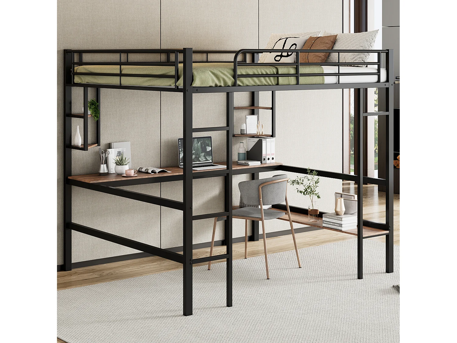 Hoogslaper 140 x 200 cm met bureau en opbergplank - metaal en MDF hout - zwart