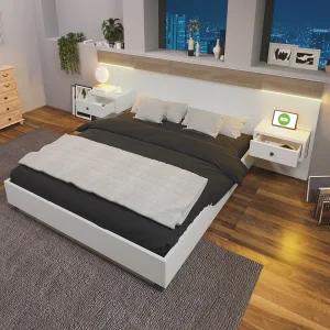 Houten tweepersoonsbed 180 x 200 cm met 2 laden – 2 LED-nachtkastjes en USB C-aansluiting – kleur eiken en wit Houten tweepersoonsbed 180 x 200 cm met 2 laden – 2 LED-nachtkastjes en USB C-aansluiting – kleur eiken en wit