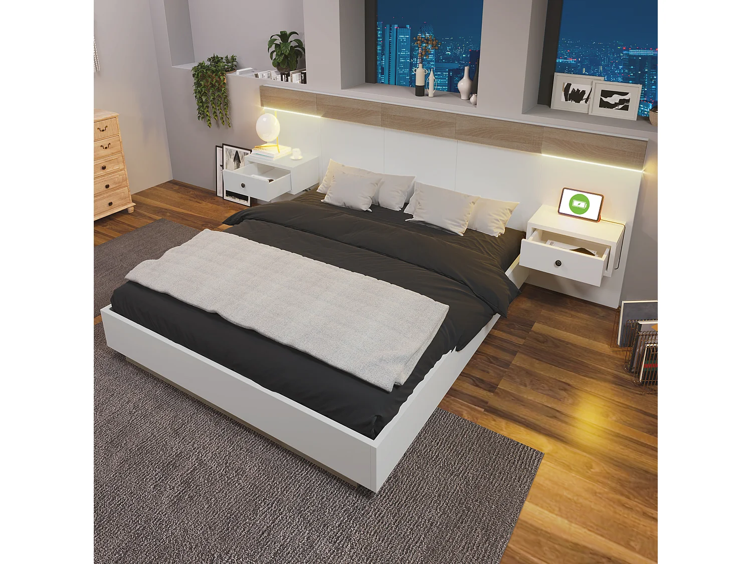 Houten tweepersoonsbed 180 x 200 cm met 2 laden - 2 LED-nachtkastjes en USB C-aansluiting - kleur eiken en wit