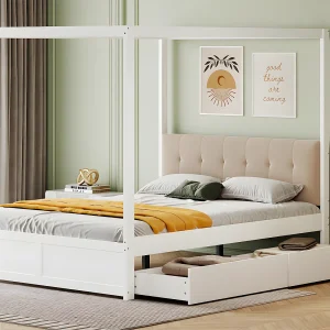 Hemelbed van hout 140x200cm – met gestoffeerd hoofdbord en 2 lades – Wit