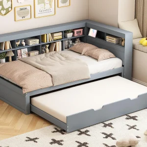 Houten slaapbank 90x200cm – met onderschuifbed 90x190cm en USB-aansluiting – 10 vakken – Grijs Houten slaapbank 90x200cm – met onderschuifbed 90x190cm en USB-aansluiting – 10 vakken – Grijs