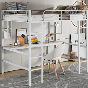 IJzeren tussenbed – 90x200cm – met bureau en 5 planken – Wit