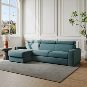 Omkeerbare slaapbank met hoek in beige stof latten van 160 cm matras 22 cm VIZIR