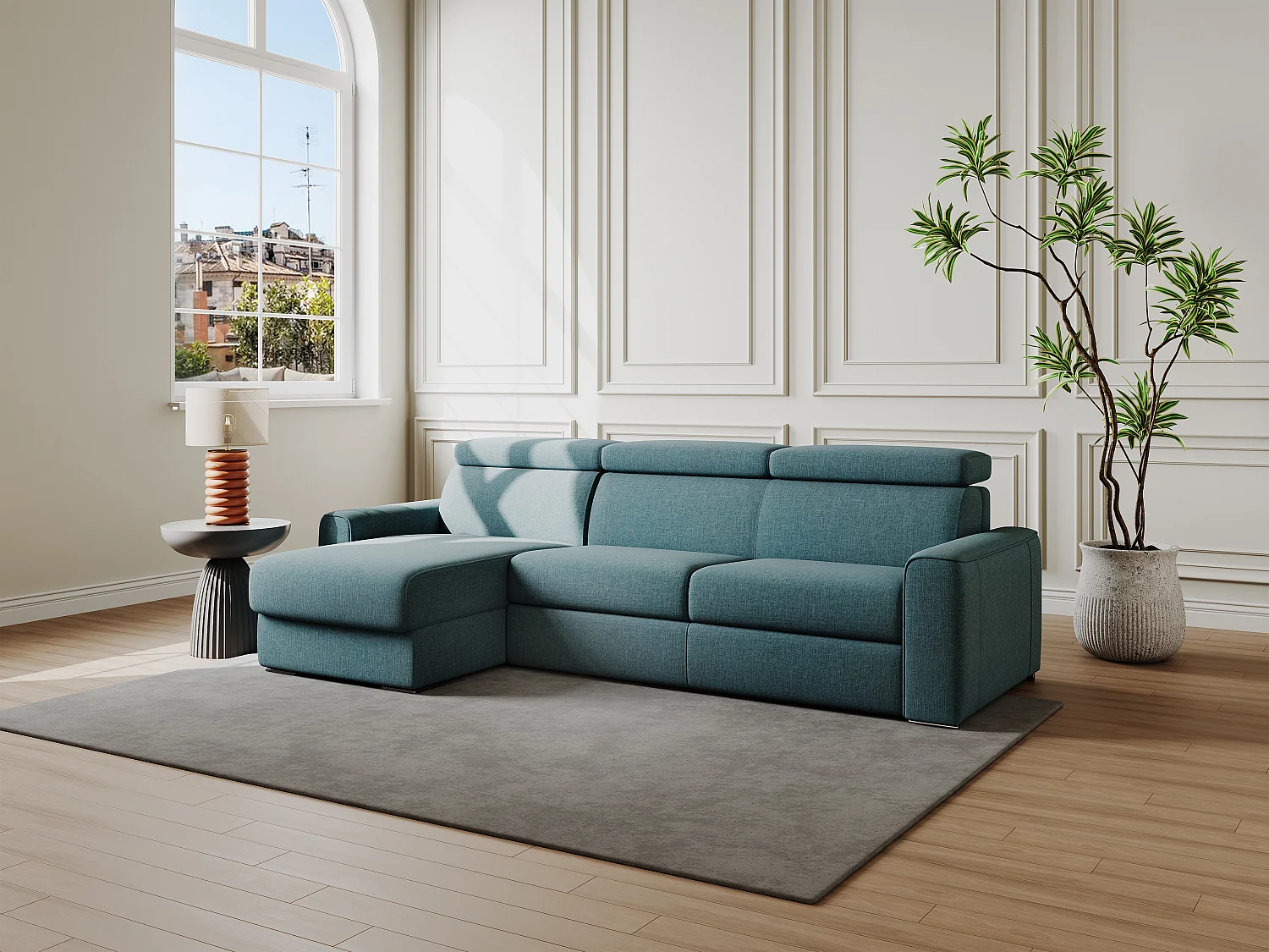 Omkeerbare slaapbank met hoek in beige stof latten van 160 cm matras 22 cm VIZIR