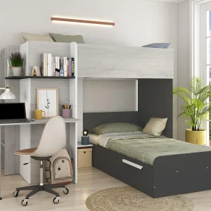Hoekstapelbed 2 x 90 x 190 cm – Met bureau – Grijs, wit en zwart + Matras – SAMUEL – Koop nu