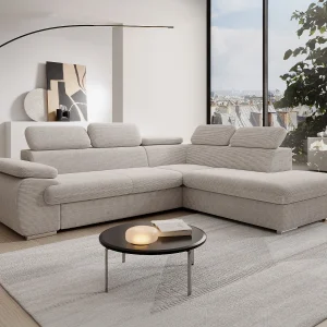 Hoekslaapbank met hoek rechts van beige ribfluweel FABIEN Hoekslaapbank met hoek rechts van beige ribfluweel FABIEN