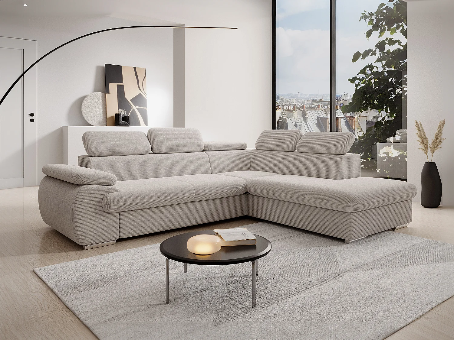 Hoekslaapbank met hoek rechts van beige ribfluweel FABIEN