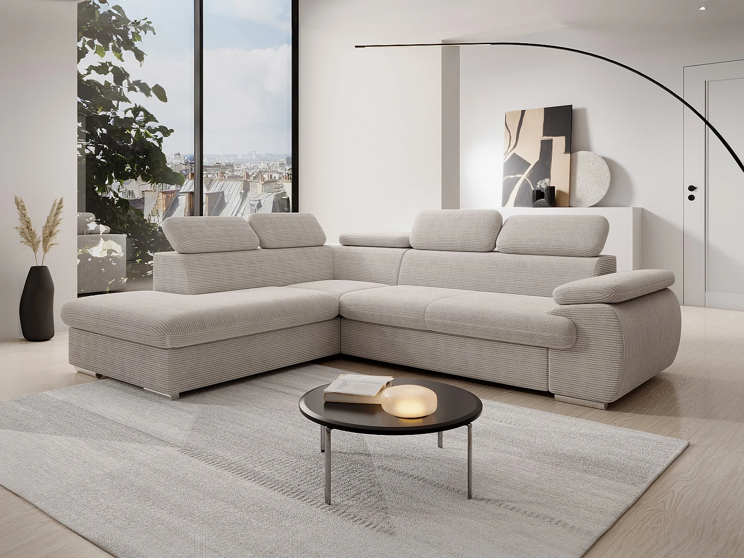Hoekslaapbank met hoek links van beige ribfluweel FABIEN