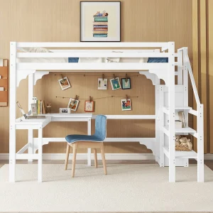 Hoogslaper 140 x 200 cm met hoekbureau en kledingkast – grenenhout – lattenbodem – wit