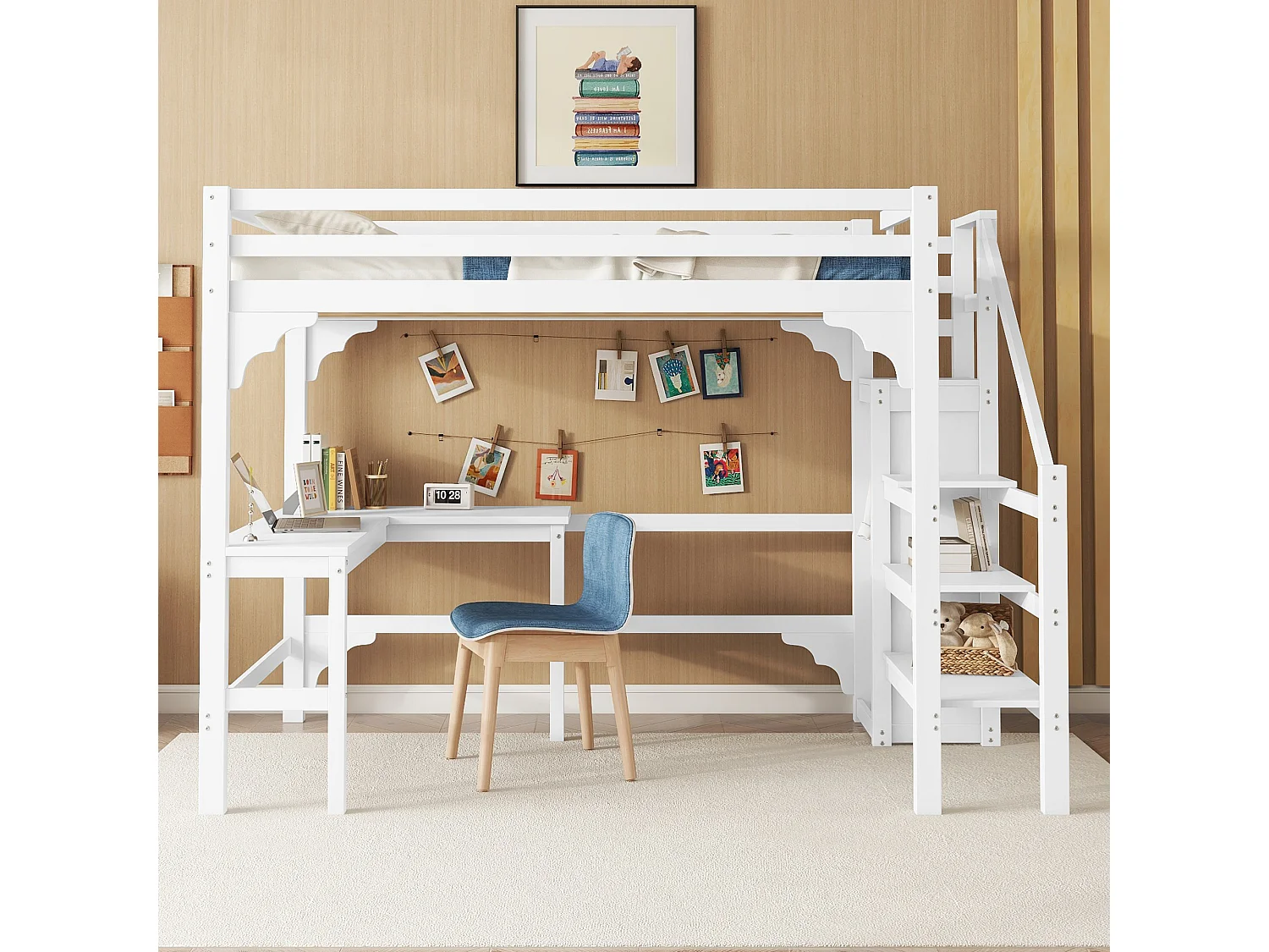 Hoogslaper 140 x 200 cm met hoekbureau en kledingkast - grenenhout - lattenbodem - wit