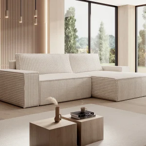 Hoekslaapbank met hoek rechts van beige ribfluweel met brede ribbels AMELIA Hoekslaapbank met hoek rechts van beige ribfluweel met brede ribbels AMELIA