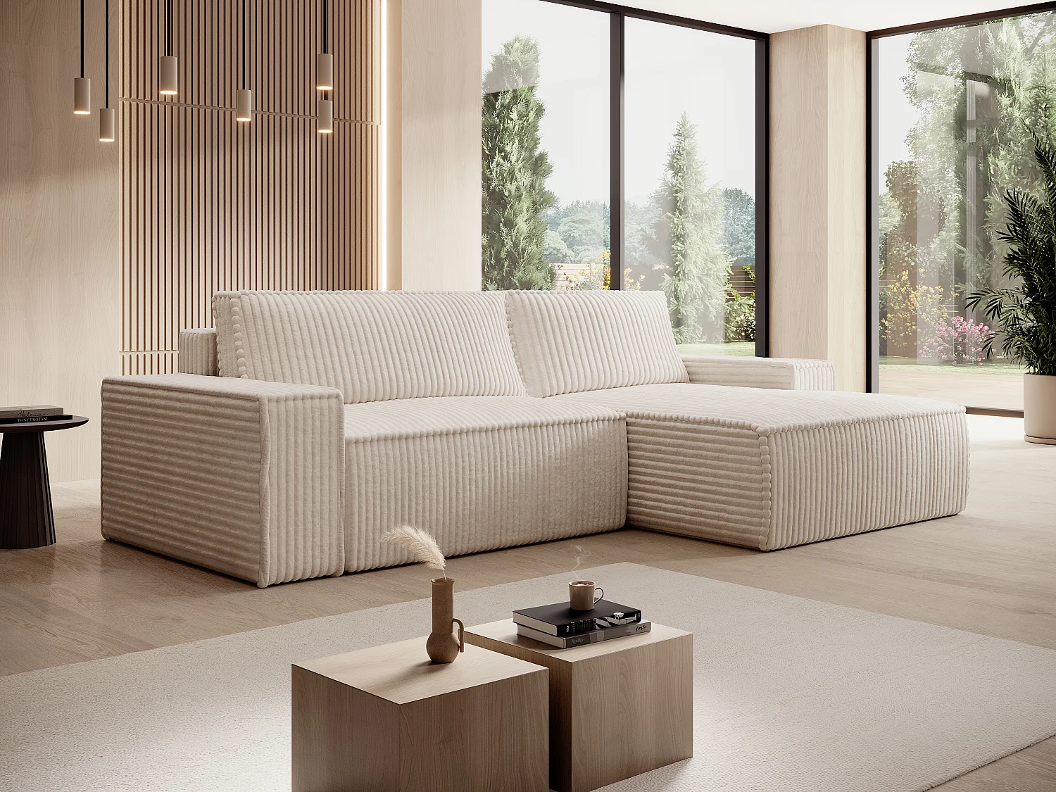 Hoekslaapbank met hoek rechts van beige ribfluweel met brede ribbels AMELIA