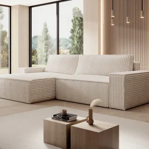 Hoekslaapbank met hoek links van beige ribfluweel met brede ribbels AMELIA